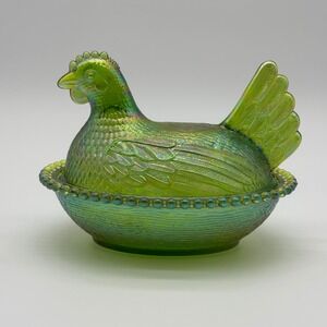 Lime Green Iridescent Indiana Glass Hen on Nest Vintage Carnival